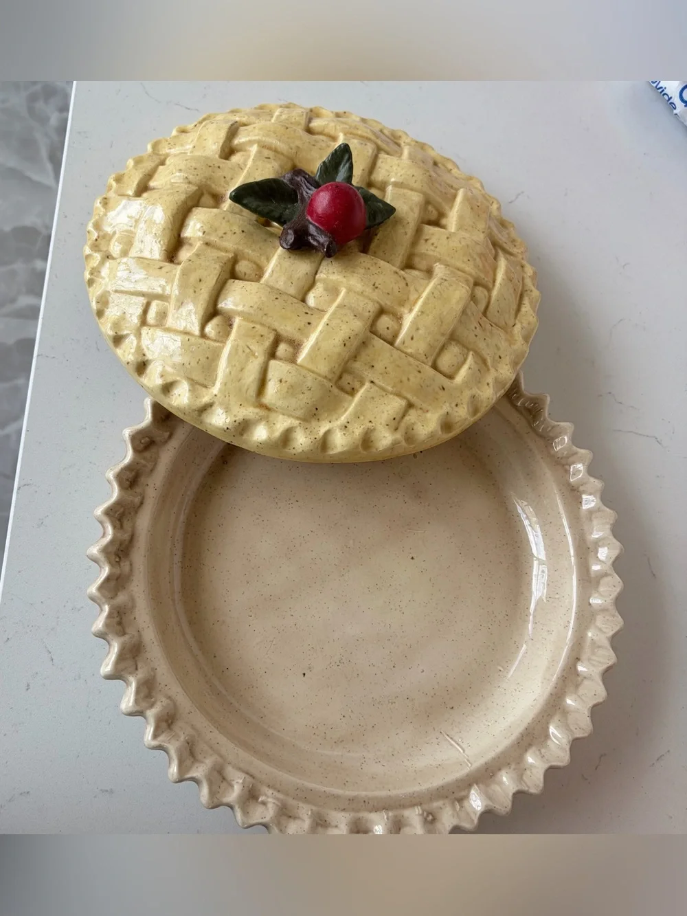 Vintage Ceramic Pie Keeper Lattice Crust Lid Cherry On Top Beautiful!